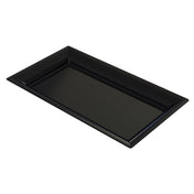 A plain, rectangular black cast aluminum platter with slightly raised, angled edges. The tray has a glossy finish and is photographed against a white background, giving it a clean and modern appearance.
