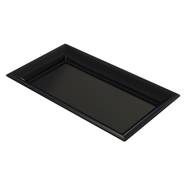 A plain, rectangular black cast aluminum platter with slightly raised, angled edges. The tray has a glossy finish and is photographed against a white background, giving it a clean and modern appearance.