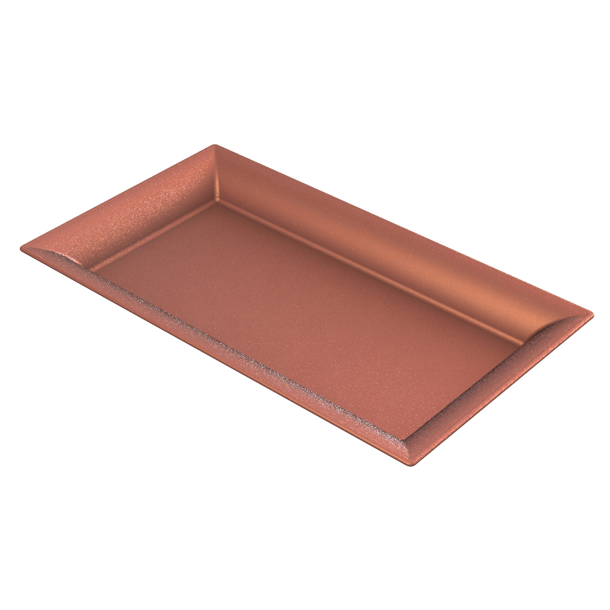 A rectangular, metallic Duracoat cast aluminum platter with slightly raised, slanted edges and a smooth surface. The tray features a copper finish and is shown on a white background.
