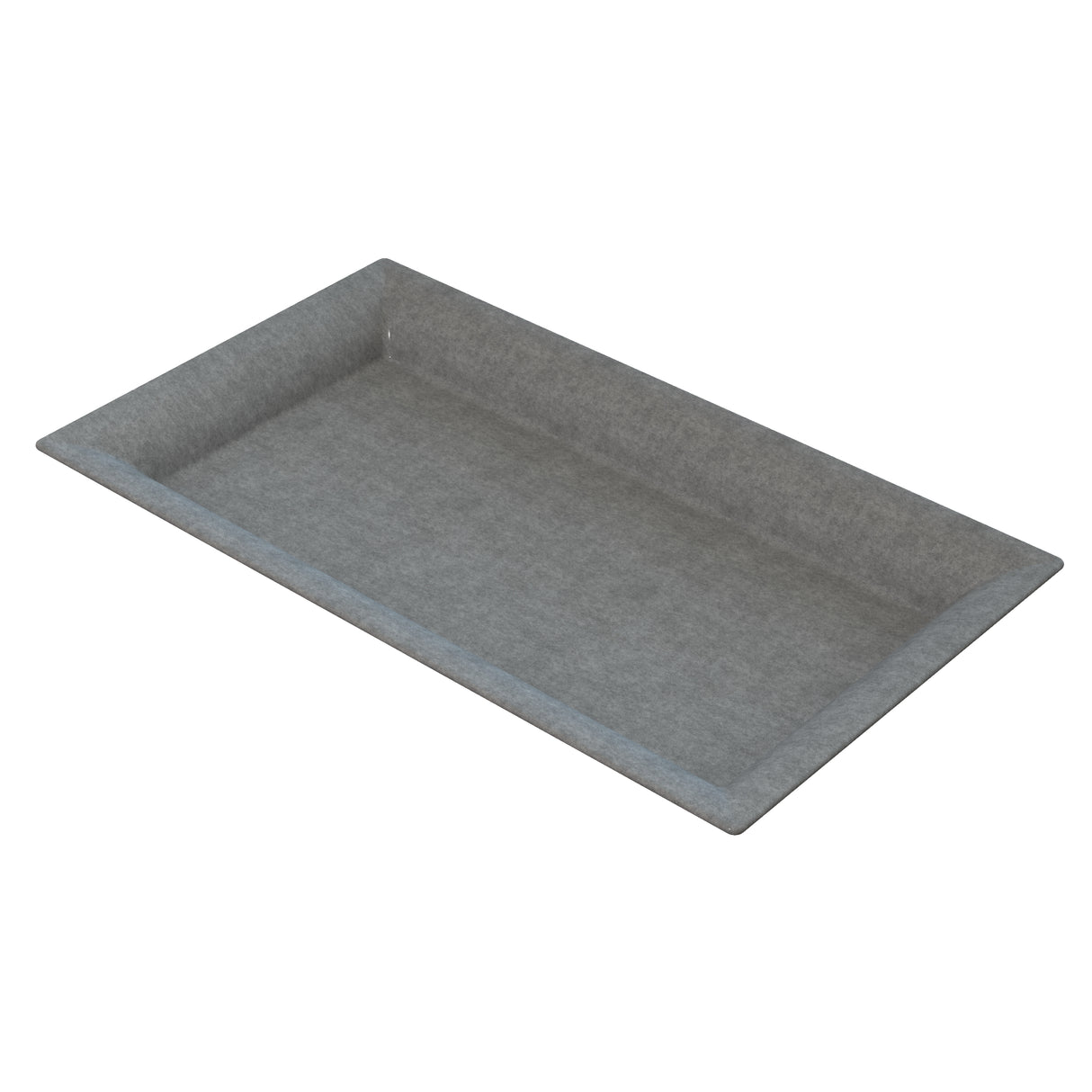 A rectangular, shallow, gray felt tray with slightly raised edges resembles a minimalist platter. It features a soft, textured surface and is photographed on a white background for a clean look.
