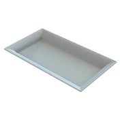 A rectangular, shallow, silver cast aluminum platter with slightly raised edges is shown on a white background. The smooth, reflective surface and sharp corners make this cold holding platter appear empty and clean.