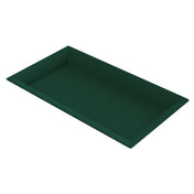 A dark green, rectangular cast aluminum tray with slightly slanted sides and a smooth surface, shown on a white background. The empty platter is viewed at an angle, highlighting its depth and clean, minimalist design.