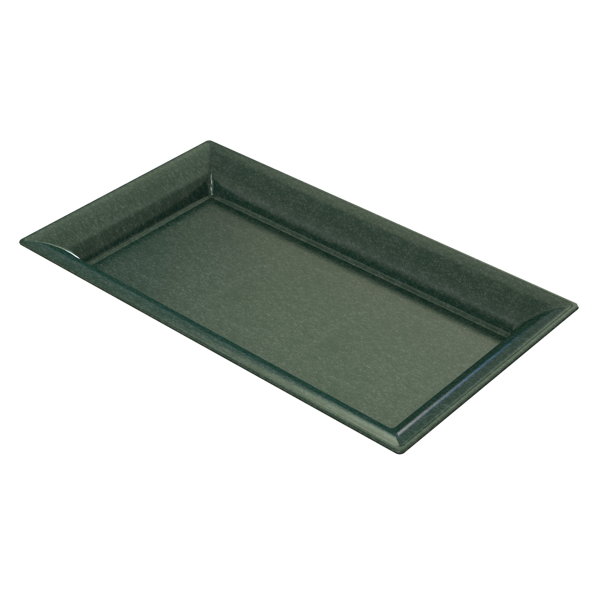 A rectangular, dark green cast aluminum platter with slightly raised and angled edges is shown on a white background. The smooth, flat surface and gently sloped corners give this tray a minimalist design, ideal for stylish serving or cold holding.