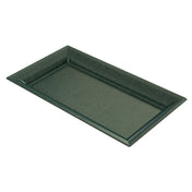 A rectangular, dark green cast aluminum platter with slightly raised and angled edges is shown on a white background. The smooth, flat surface and gently sloped corners give this tray a minimalist design, ideal for stylish serving or cold holding.