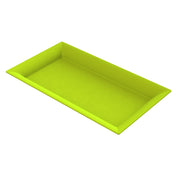A rectangular, bright green platter with raised edges, viewed from a slightly elevated angle against a white background. The surface is smooth and glossy, corners are sharply defined, and the tray appears lightweight and made of plastic.