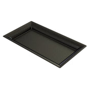 A rectangular black cast aluminum platter with raised edges and a subtle pattern of small white speckles evenly distributed across its surface, viewed from an angle against a white background.