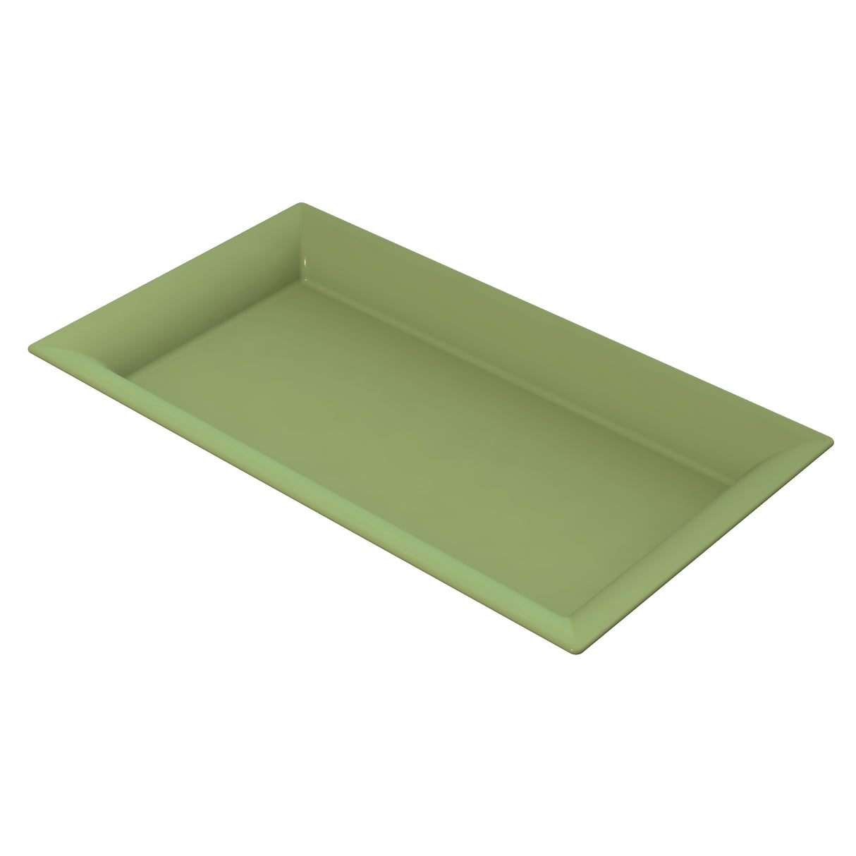 A rectangular, shallow cast aluminum platter with slightly raised edges, made of smooth material in a muted olive green color, shown on a white background—ideal for cold holding.