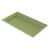 A rectangular, shallow cast aluminum platter with slightly raised edges, made of smooth material in a muted olive green color, shown on a white background—ideal for cold holding.