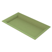 A rectangular, shallow cast aluminum platter with slightly raised edges, made of smooth material in a muted olive green color, shown on a white background—ideal for cold holding.