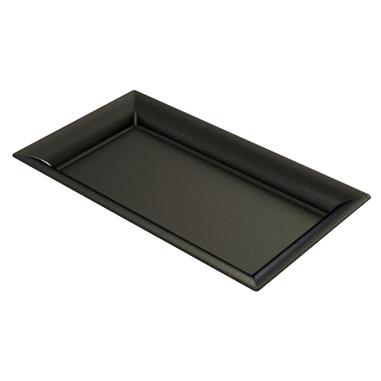A rectangular black cast aluminum platter with slightly raised edges and a matte finish, featuring small, evenly spaced white speckles across its surface. The tray is photographed on a white background, viewed from an angle.