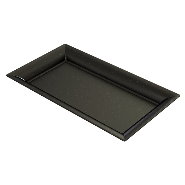 A rectangular black cast aluminum platter with slightly raised edges and a matte finish, featuring small, evenly spaced white speckles across its surface. The tray is photographed on a white background, viewed from an angle.