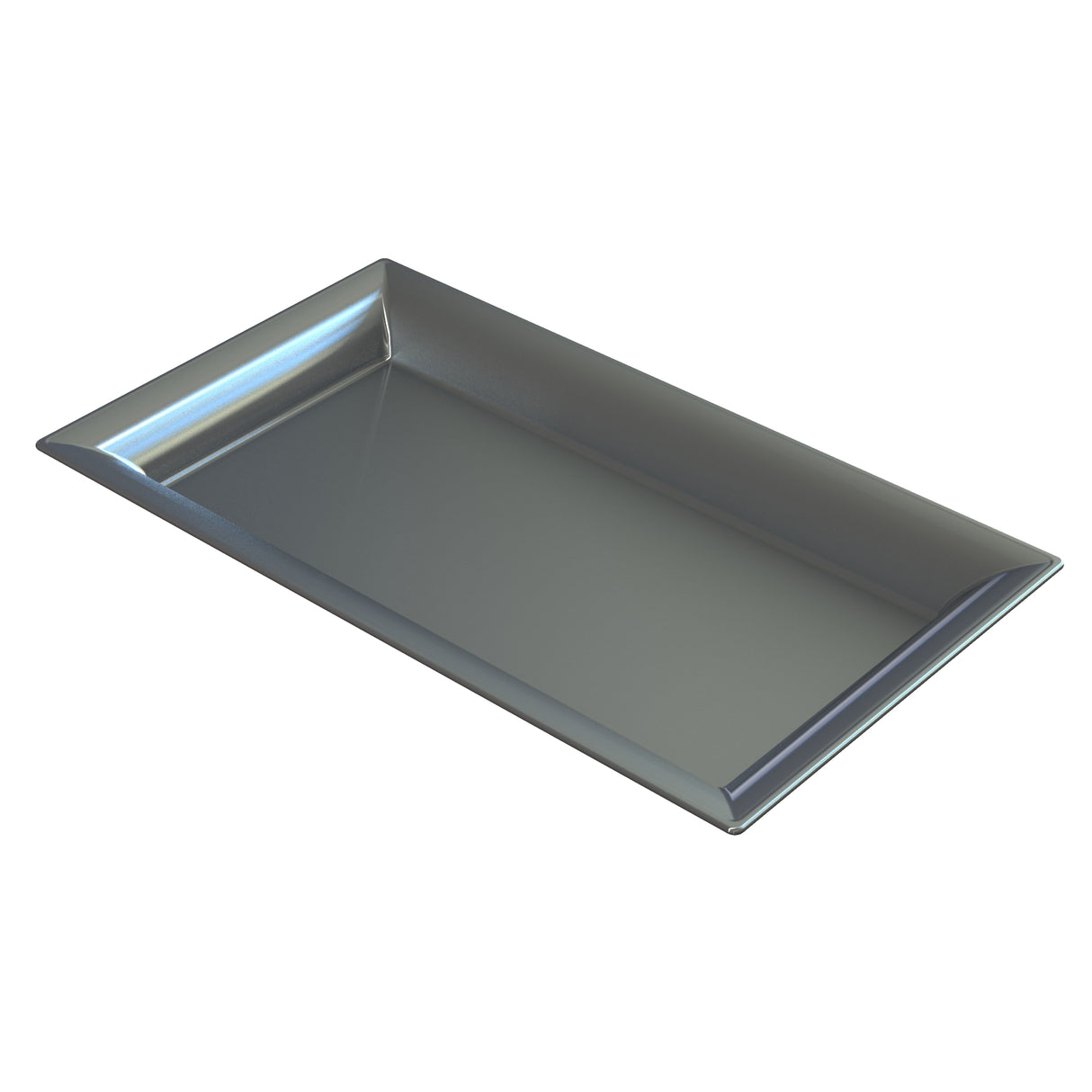 A rectangular cast aluminum platter with slightly raised, angled edges. The tray has a smooth, reflective surface ideal for cold holding, and is photographed on a white background, with soft lighting highlighting its shiny silver finish.
