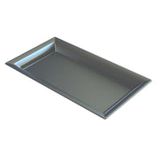 A rectangular cast aluminum platter with slightly raised, angled edges. The tray has a smooth, reflective surface ideal for cold holding, and is photographed on a white background, with soft lighting highlighting its shiny silver finish.