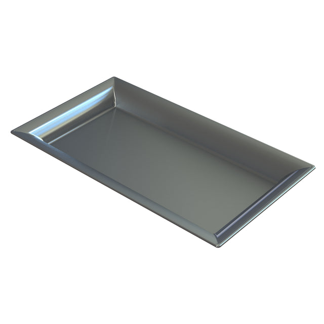 A rectangular cast aluminum platter with slightly raised, angled edges. The tray has a smooth, reflective surface ideal for cold holding, and is photographed on a white background, with soft lighting highlighting its shiny silver finish.