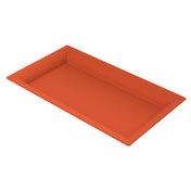 A rectangular, shallow orange cast aluminum tray with raised edges, viewed from an angle against a white background. The platter features smooth surfaces and slightly sloped sides, giving it a modern, minimalist appearance.