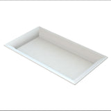 A rectangular, white ceramic platter with slightly raised edges and a glossy finish, photographed at an angle against a plain white background. The design is simple and modern, with smooth surfaces and clean lines.
