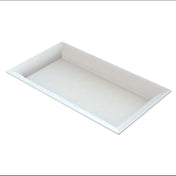 A rectangular, white ceramic platter with slightly raised edges and a glossy finish, photographed at an angle against a plain white background. The design is simple and modern, with smooth surfaces and clean lines.