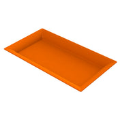A rectangular, orange cast aluminum tray with slightly raised edges and a smooth surface, viewed from an angle above and to the side, on a white background.