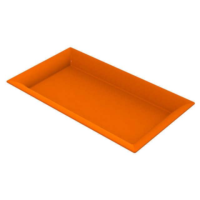 A rectangular, orange cast aluminum tray with slightly raised edges and a smooth surface, viewed from an angle above and to the side, on a white background.
