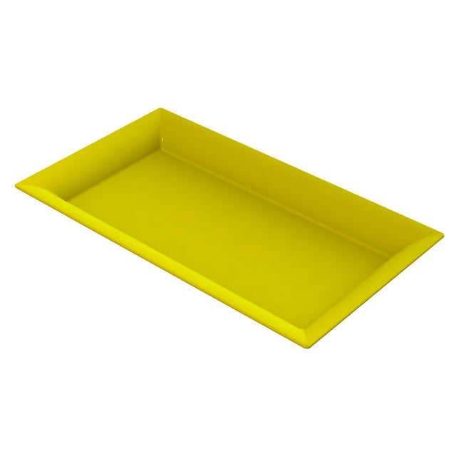 A rectangular, yellow cast aluminum platter with slightly raised edges sits on a white background. The tray has smooth surfaces and sharp corners, giving it a modern, minimalist appearance—ideal as a cold holding platter.