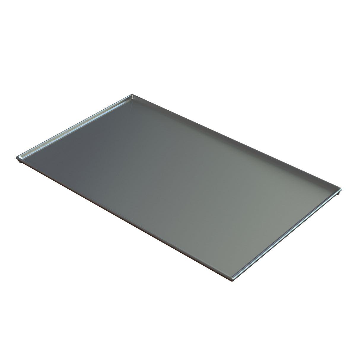 A rectangular cast aluminum baking sheet with slightly raised edges on two sides. The smooth, reflective silver surface is photographed against a plain white background and shown at an angle.