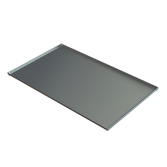 A rectangular cast aluminum baking sheet with slightly raised edges on two sides. The smooth, reflective silver surface is photographed against a plain white background and shown at an angle.