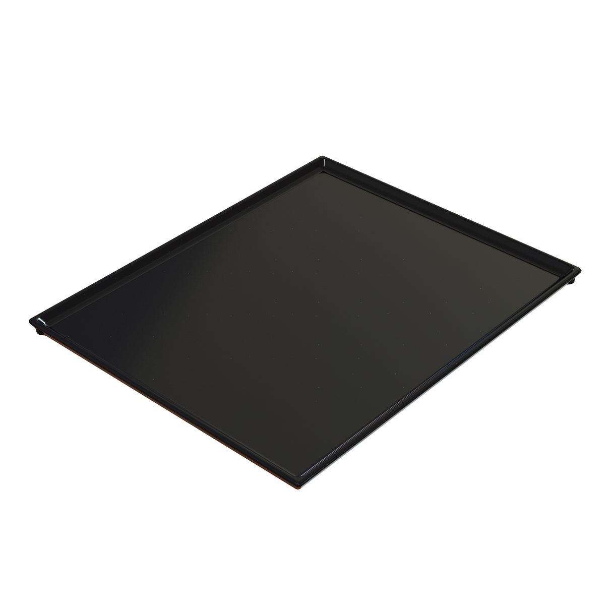 A black, rectangular Duracoat coated cast aluminum baking tray with raised edges is shown against a white background. The tray has a glossy finish and appears empty, viewed at a slight angle from above.