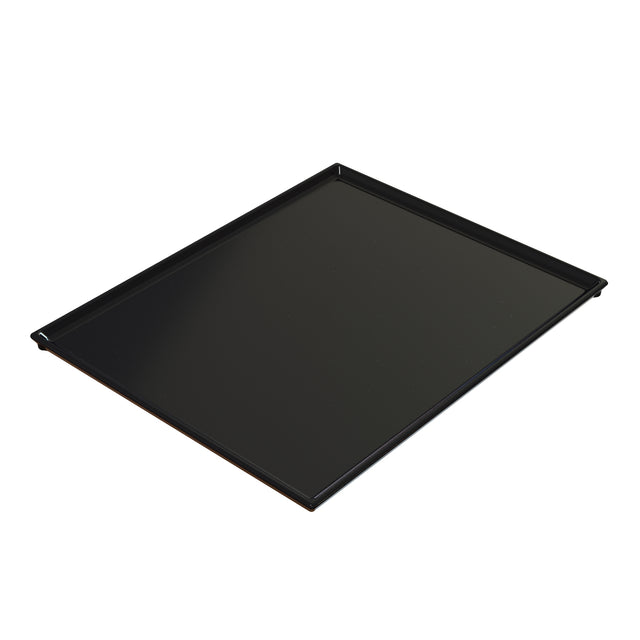 A black, rectangular Duracoat coated cast aluminum baking tray with raised edges is shown against a white background. The tray has a glossy finish and appears empty, viewed at a slight angle from above.
