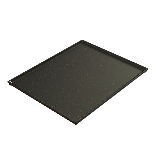 A black, rectangular baking tray with slightly raised edges and a small lip on one side. Made of Duracoat coated cast aluminum, this tray features a smooth, speckled non-stick surface—ideal as a cooling plate serving tray for cold holding.