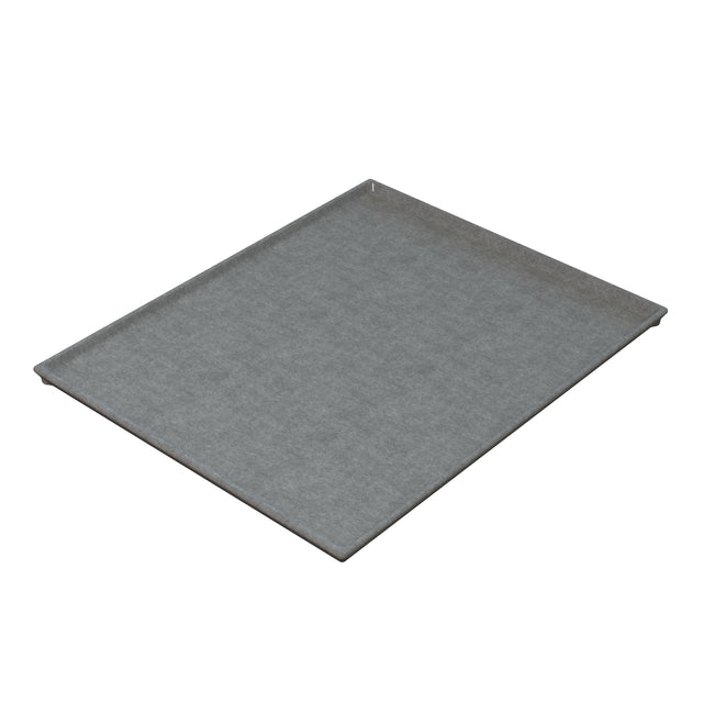 A rectangular, flat, cast aluminum baking sheet with short, slightly raised edges on three sides. The smooth gray surface is ideal for baking or roasting food in an oven and is dishwasher safe. Photographed on a white background.