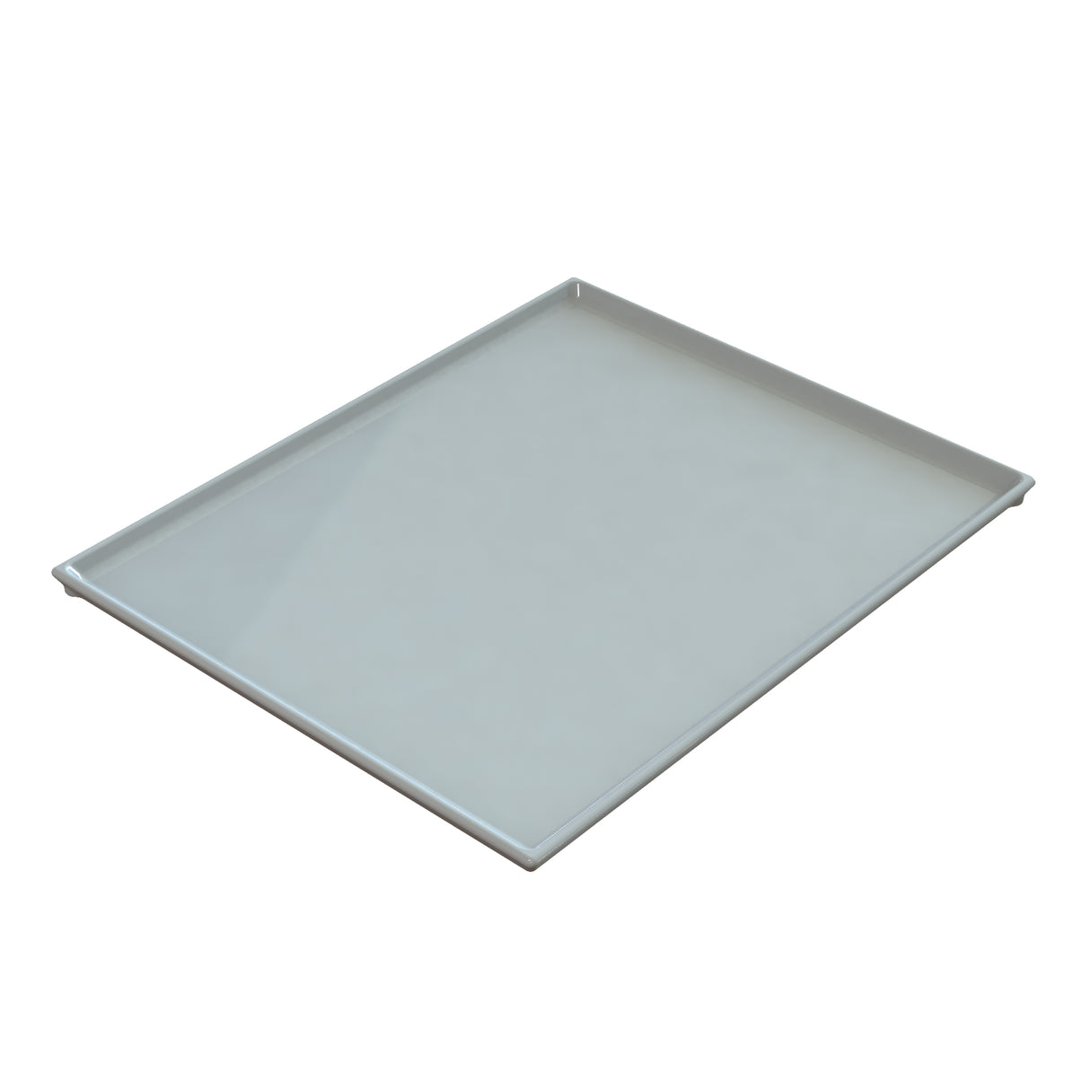 A rectangular, shallow, white cooling plate serving tray with slightly raised edges, viewed at an angle from above. The surface is smooth and glossy, and the tray appears empty and clean.