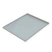 A rectangular, shallow, white cooling plate serving tray with slightly raised edges, viewed at an angle from above. The surface is smooth and glossy, and the tray appears empty and clean.