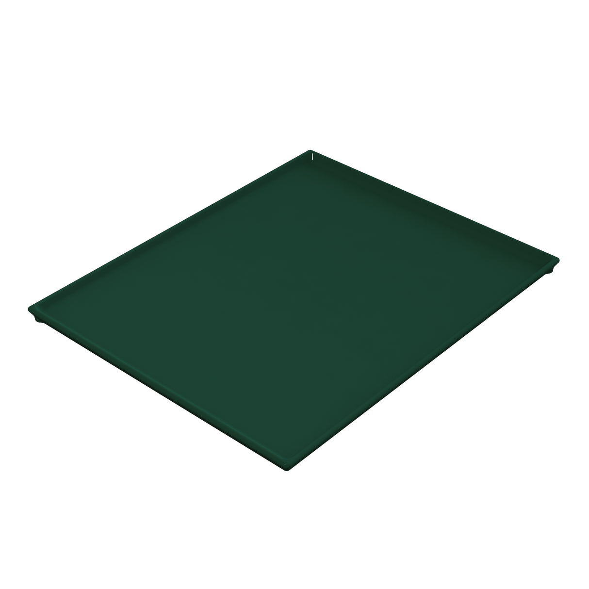 A rectangular, dark green plastic cooling plate serving tray with shallow raised edges on all sides, shown from an angled top view against a white background. The corners are slightly rounded, and the tray surface appears smooth and flat.
