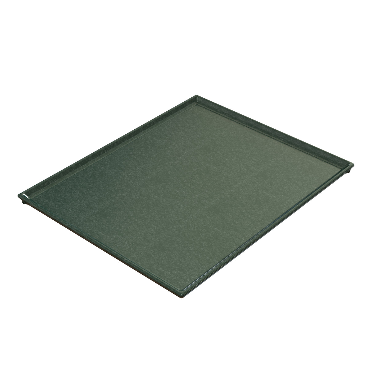 A rectangular, flat, green baking sheet made from Duracoat coated cast aluminum with three raised edges and one slightly lowered edge for easy handling. The smooth, glossy surface is simple, functional, and dishwasher safe.