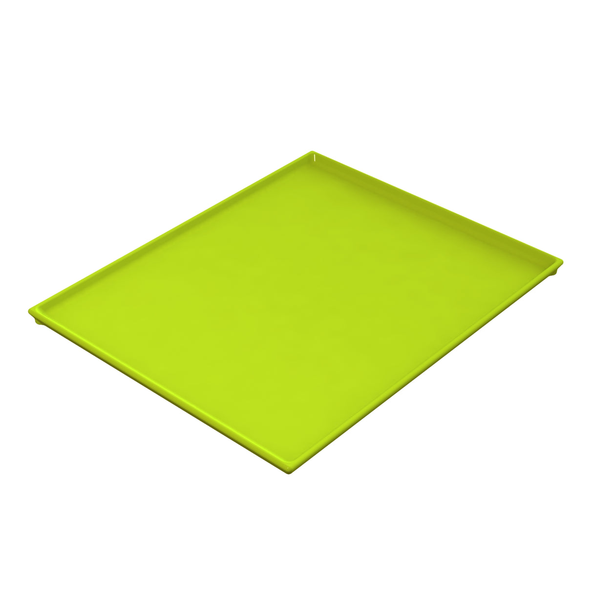 A rectangular, flat lime green cooling plate serving tray with low raised edges on all sides, shown on a white background. Made from Duracoat coated cast aluminum, it features a smooth surface and is photographed at an angle for clarity.