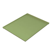 A rectangular, flat, light green tray with a modern mint finish and raised edges is pictured against a white background. The smooth, glossy surface reveals its Duracoat coated cast aluminum construction and sleek, thin profile.