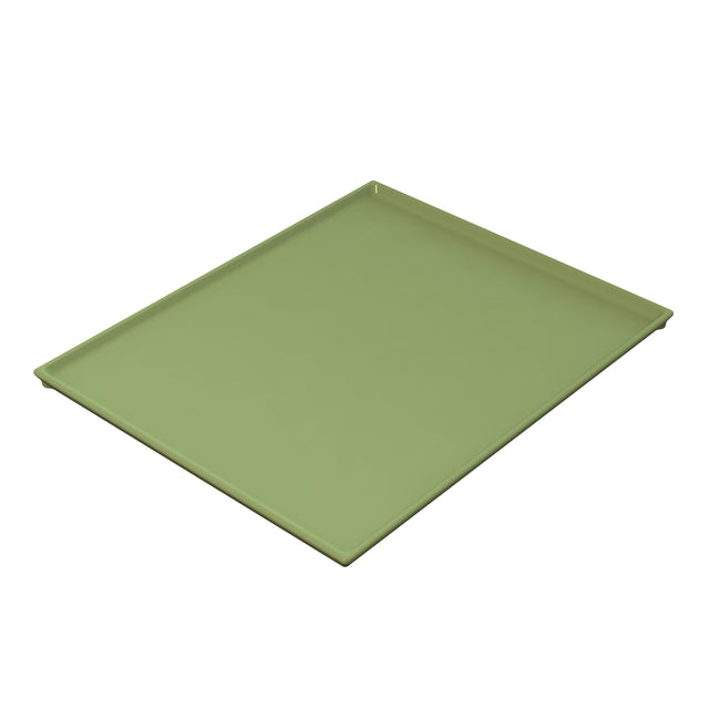 A rectangular, flat, light green tray with a modern mint finish and raised edges is pictured against a white background. The smooth, glossy surface reveals its Duracoat coated cast aluminum construction and sleek, thin profile.