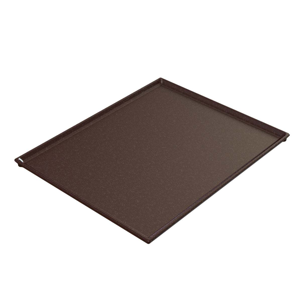 A rectangular, flat, dark brown Duracoat coated cast aluminum baking tray with slightly raised edges on three sides and a flat edge for easy sliding. Dishwasher safe, it rests on a white surface and is photographed at an angle.