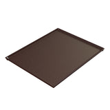 A rectangular, flat, dark brown Duracoat coated cast aluminum baking tray with slightly raised edges on three sides and a flat edge for easy sliding. Dishwasher safe, it rests on a white surface and is photographed at an angle.