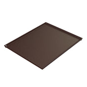 A rectangular, flat, dark brown Duracoat coated cast aluminum baking tray with slightly raised edges on three sides and a flat edge for easy sliding. Dishwasher safe, it rests on a white surface and is photographed at an angle.