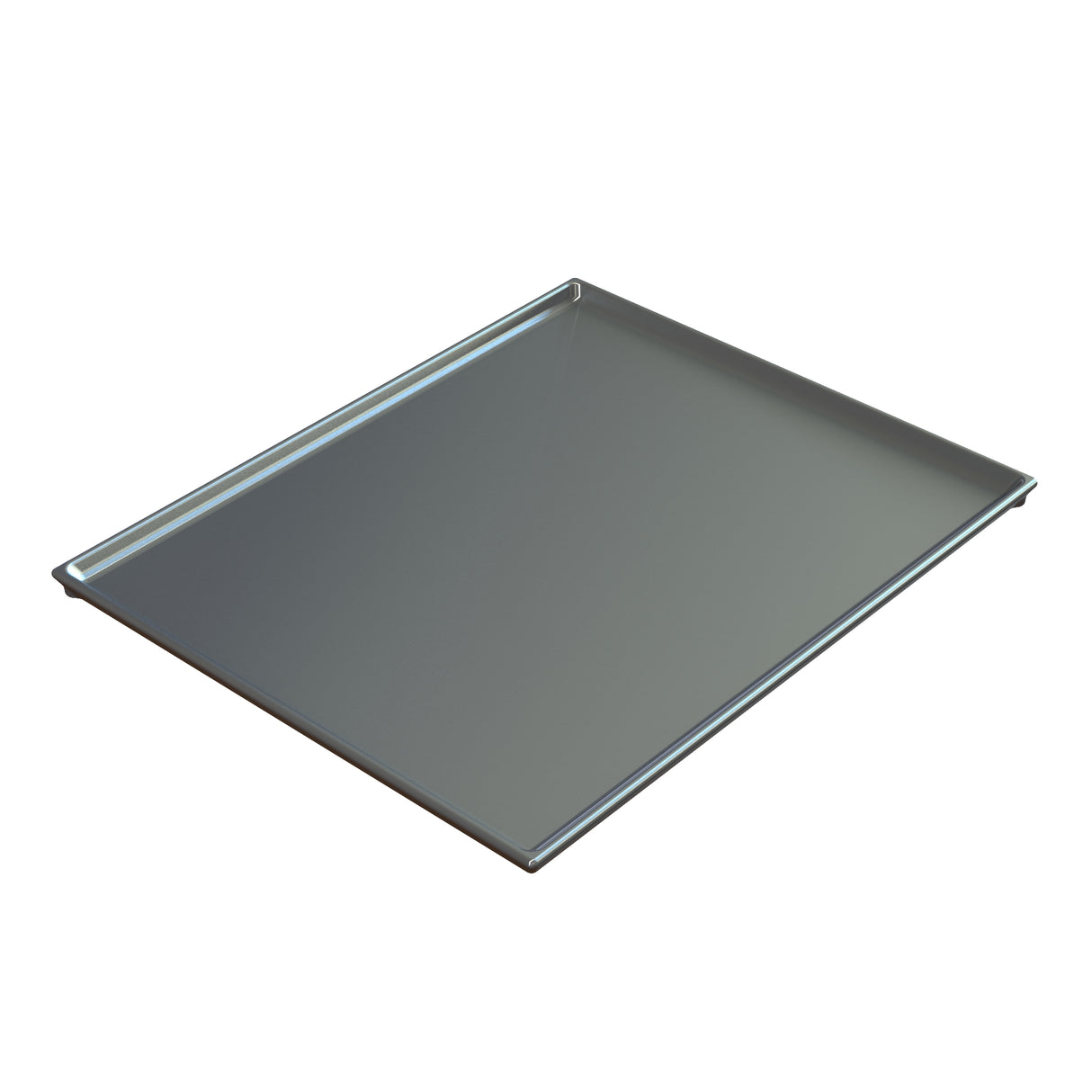 A cast aluminum baking sheet with a slightly raised edge on two sides, shown against a white background. The smooth, reflective surface works well as a cold holding cooling plate serving tray or for roasting food in an oven.