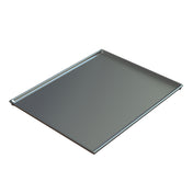 A cast aluminum baking sheet with a slightly raised edge on two sides, shown against a white background. The smooth, reflective surface works well as a cold holding cooling plate serving tray or for roasting food in an oven.