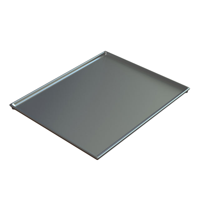 A cast aluminum baking sheet with a slightly raised edge on two sides, shown against a white background. The smooth, reflective surface works well as a cold holding cooling plate serving tray or for roasting food in an oven.