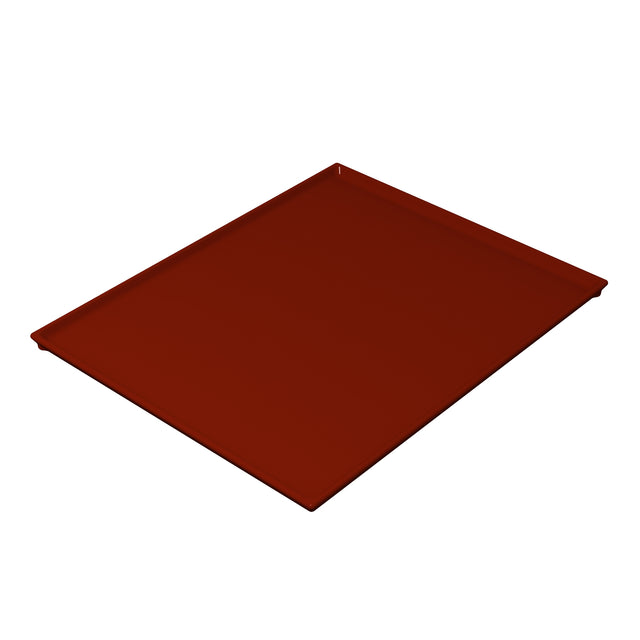 A rectangular, flat metal sheet in a solid rusty red color with slightly raised edges, this Duracoat coated cast aluminum cooling plate serving tray is photographed on a white background. The smooth surface casts a subtle shadow underneath.