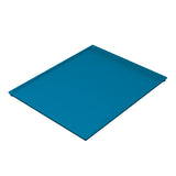 A blue, rectangular Cooling Plate Serving Tray with slightly raised edges, viewed from an angle above and to the side. Made of Duracoat coated cast aluminum, the tray is empty and placed on a white background.