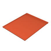 A rectangular, flat, orange Duracoat coated cast aluminum baking mat with slightly raised edges is pictured on a white background. The smooth, solid-colored surface offers a clean, modern look perfect for kitchen use.