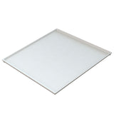 A white, rectangular cooling plate serving tray made of cast aluminum with raised edges on three sides and one lower edge, photographed on a plain white background. The smooth, glossy surface is designed for cold holding and appears empty and clean.