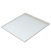 A white, rectangular cooling plate serving tray made of cast aluminum with raised edges on three sides and one lower edge, photographed on a plain white background. The smooth, glossy surface is designed for cold holding and appears empty and clean.