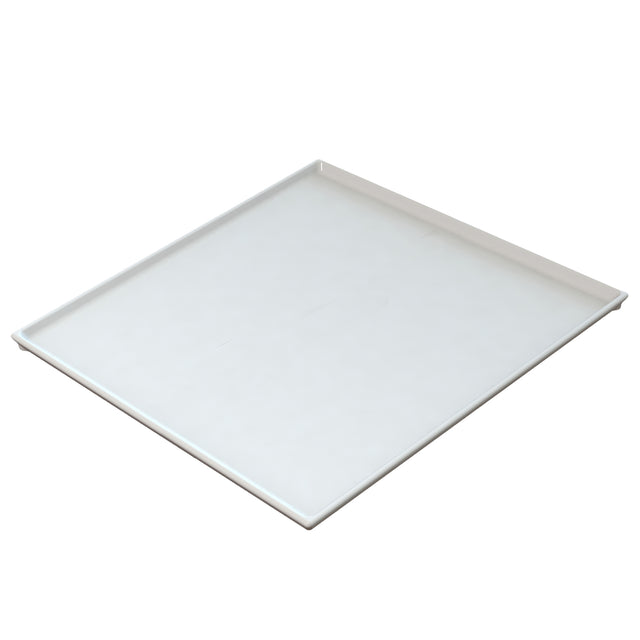 A white, rectangular cooling plate serving tray made of cast aluminum with raised edges on three sides and one lower edge, photographed on a plain white background. The smooth, glossy surface is designed for cold holding and appears empty and clean.