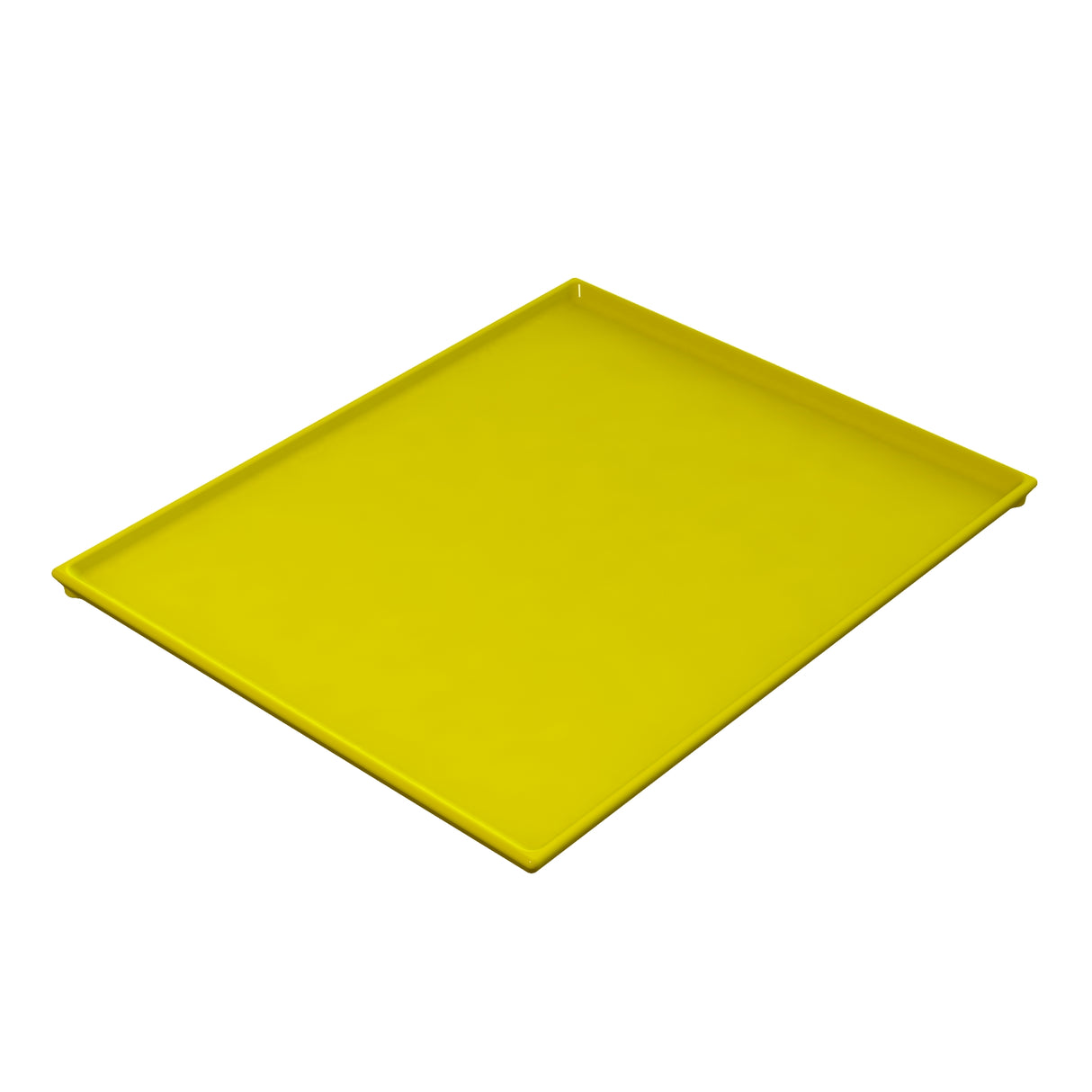 A rectangular, flat, bright yellow cooling plate serving tray with slightly raised edges, shown on a white background and viewed from an angled perspective. The smooth surface highlights its use for cold holding and presentation.